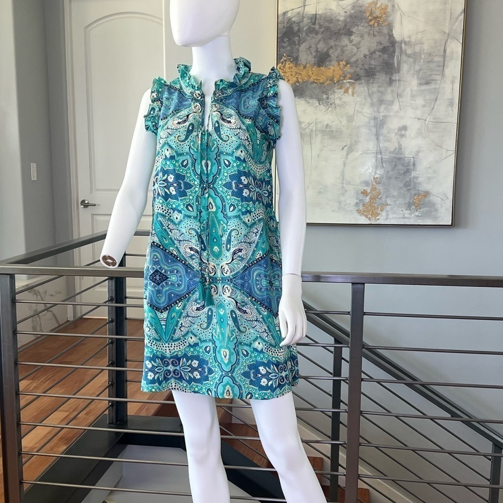 Sleeveless Ruffle Mini Tunic Dress - Blue and Gold Metallic